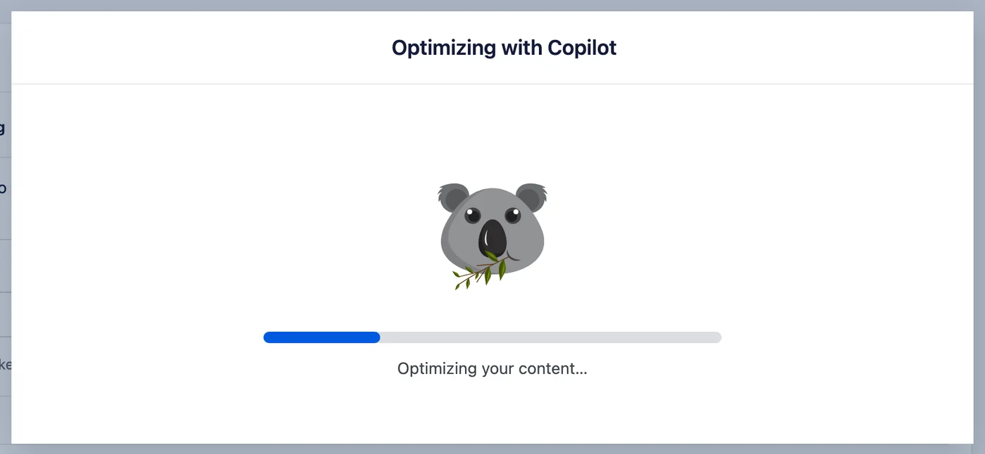 The AI Copilot window reporting that it is optimizing your content