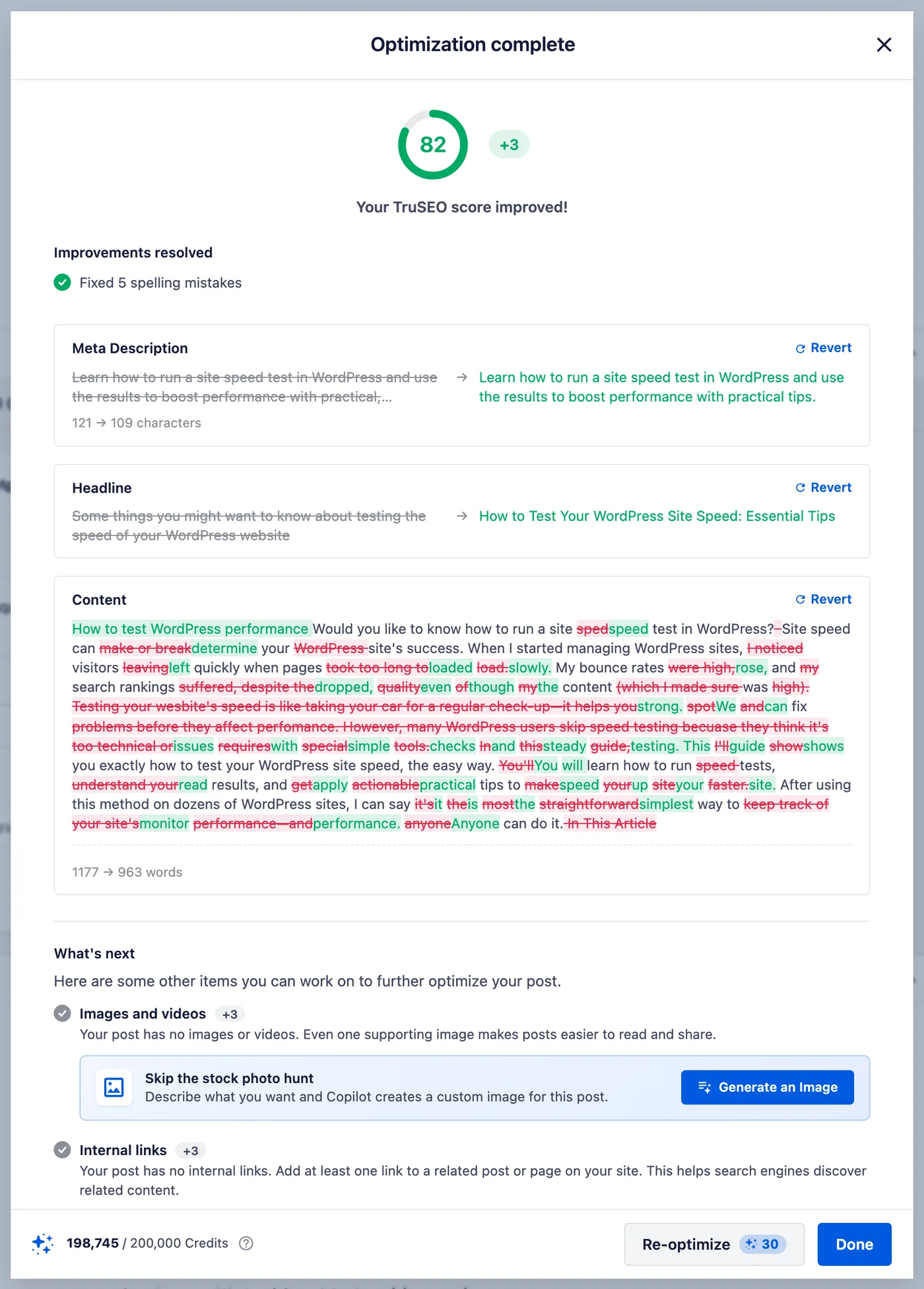 The completion window showing the new TruSEO score, the improvements resolved, and before and after versions of the meta description, headline, and content, each with a Revert option