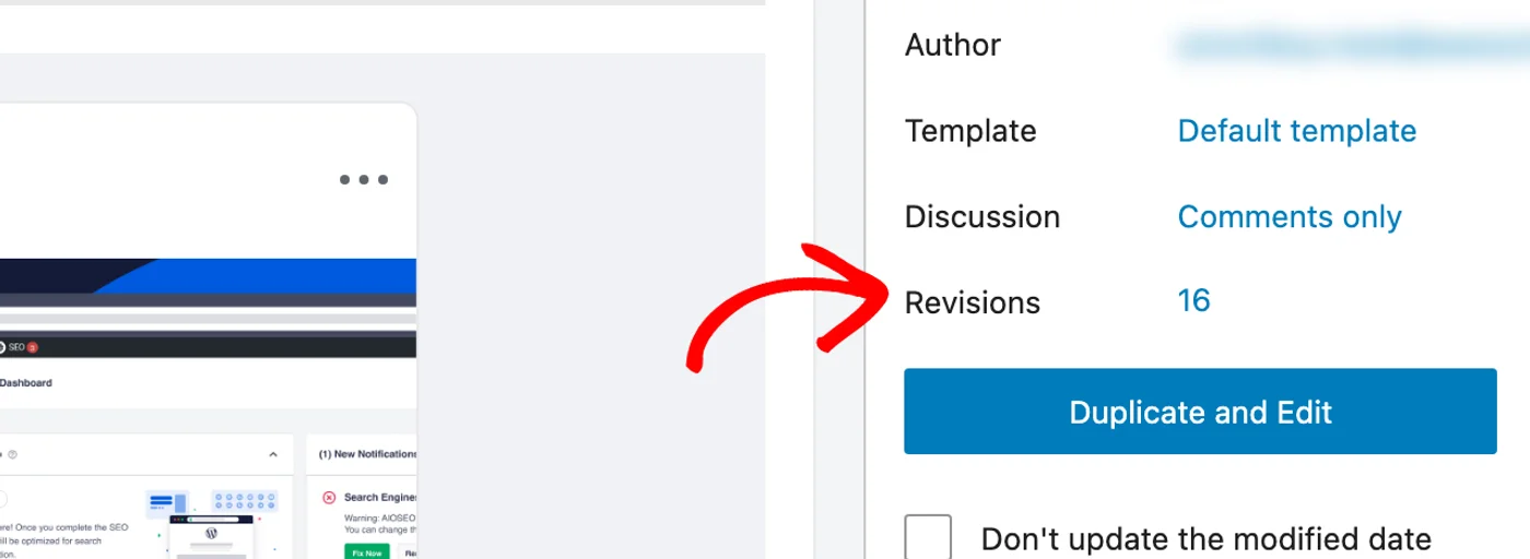 The Revisions entry in the WordPress post panel, used to restore the version from before AI Copilot ran