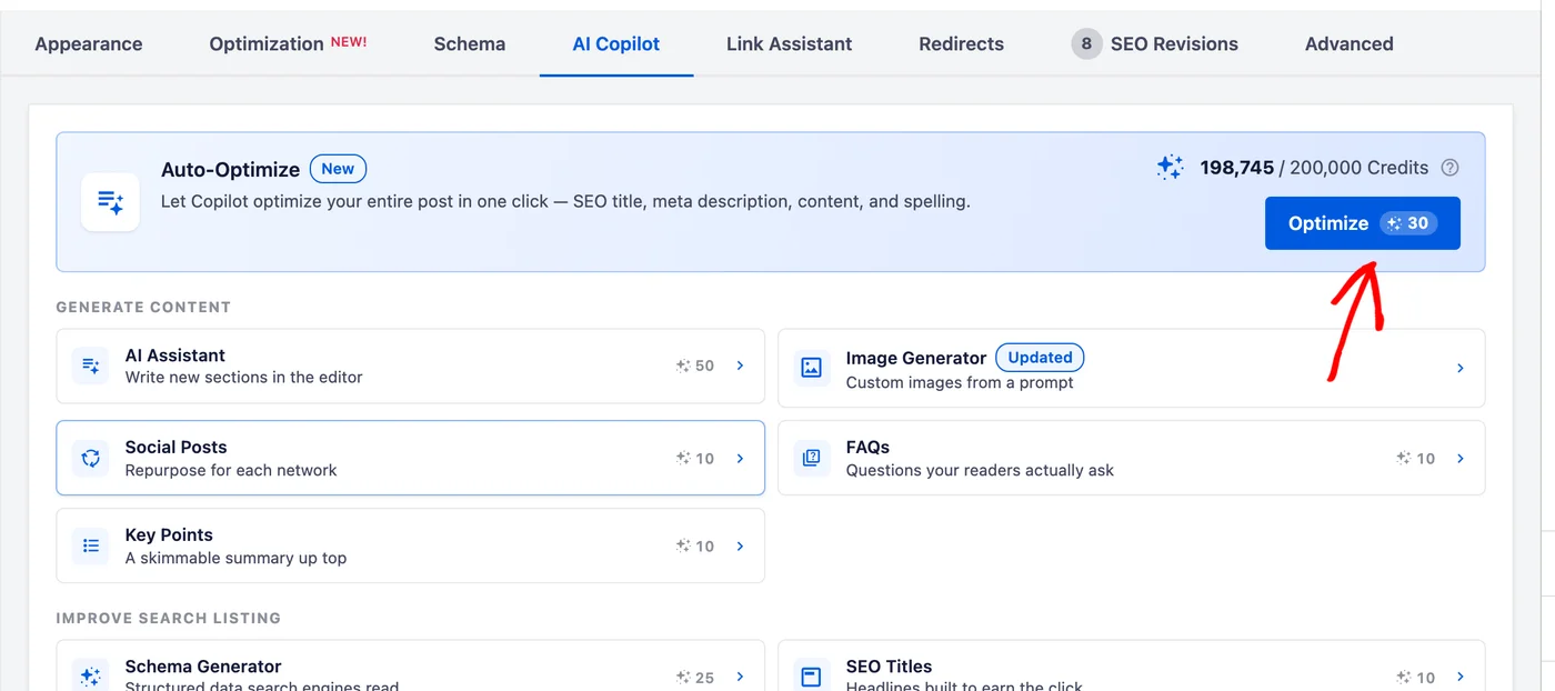 The AI Copilot tab with the Auto-Optimize section and its Optimize button at the top