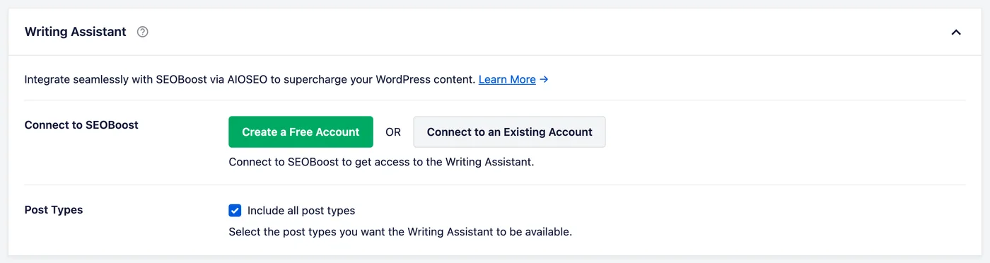 Pannello Assistente di scrittura con opzioni per creare un account gratuito SEOBoot o connettersi a un account esistente, più la selezione del tipo di post in basso. La scheda Assistente di scrittura con il suo link Ulteriori informazioni, i pulsanti Crea un account gratuito e Connetti a un account esistente, e un'opzione Tipi di post impostata per includere tutti i tipi di post