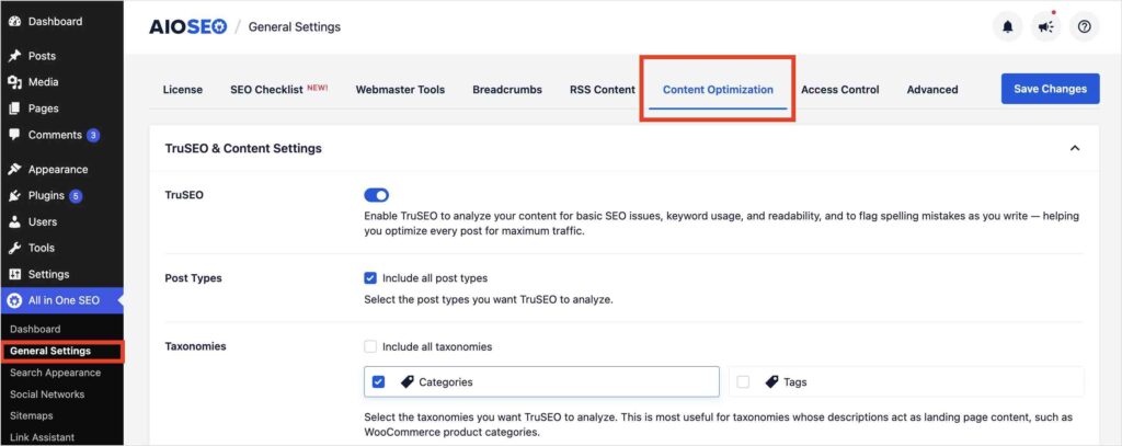 Content optimization tab in the AIOSEO general settings.