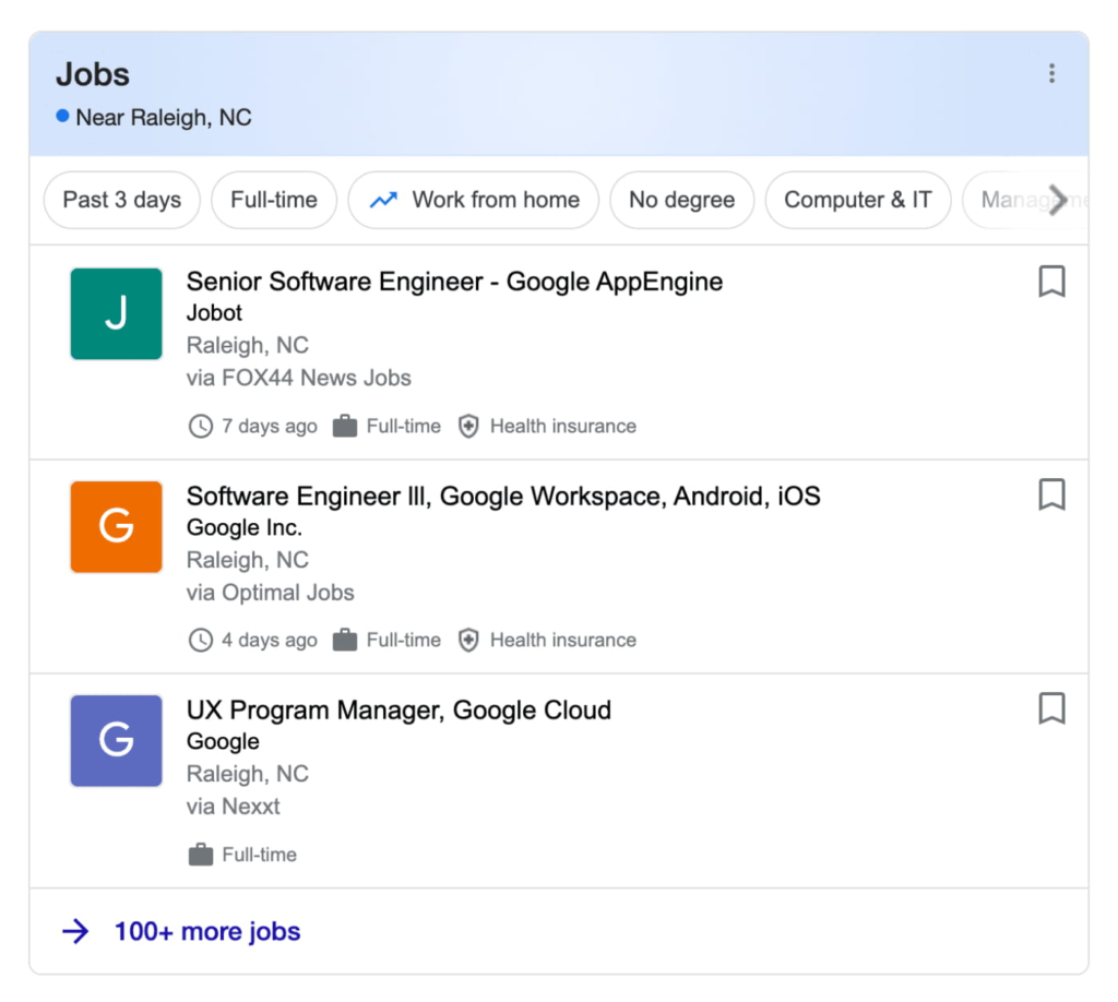 Uno snapshot che mostra esempi di offerte di lavoro in Google