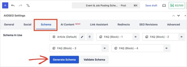 Uno snapshot che mostra il generatore di schema in AIOSEO
