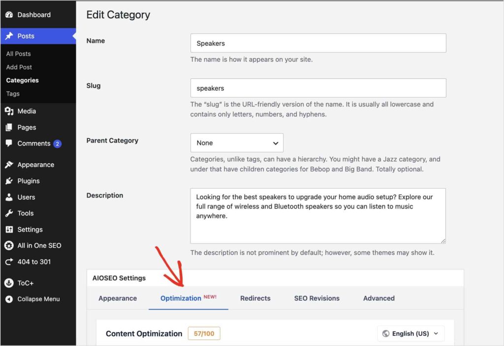 Optimization tab in the AIOSEO settings of the post editor.