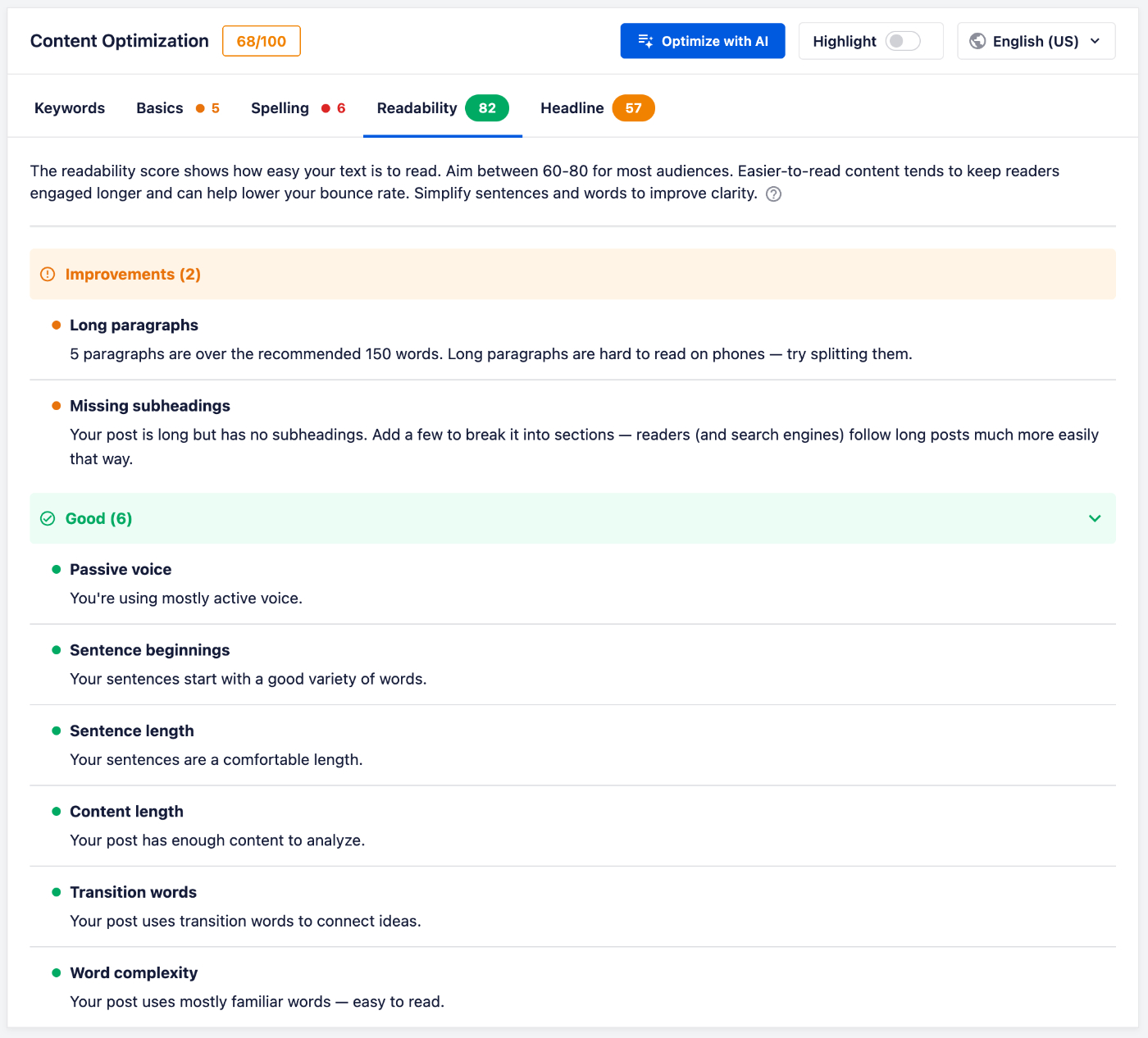 Die Registerkarte „Lesbarkeit“ zeigt die Lesbarkeitsbewertung von 100 mit Verbesserungen, gruppiert unter „Verbesserungen“, und bestandenen Prüfungen, gruppiert unter „Gut“