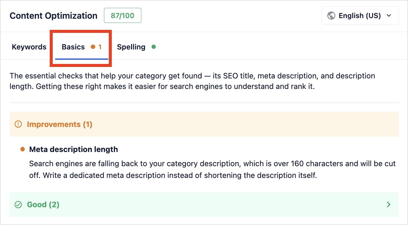 AIOSEO Basics tab flagging a meta description length issue on a WordPress category