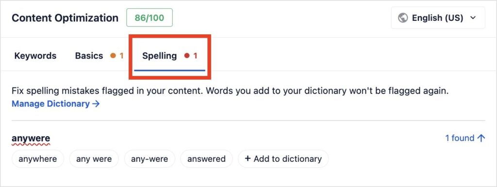 Spelling tab in the optimization panel.