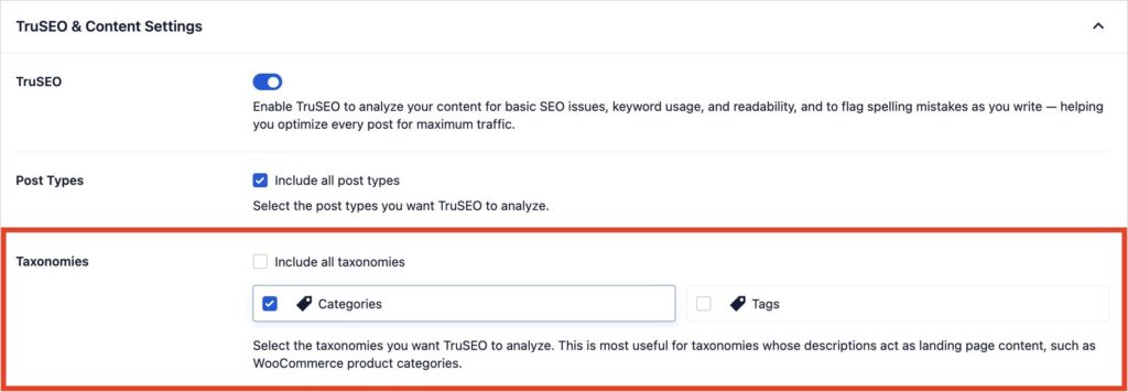 Select which taxonomies you want TruSEO to score.