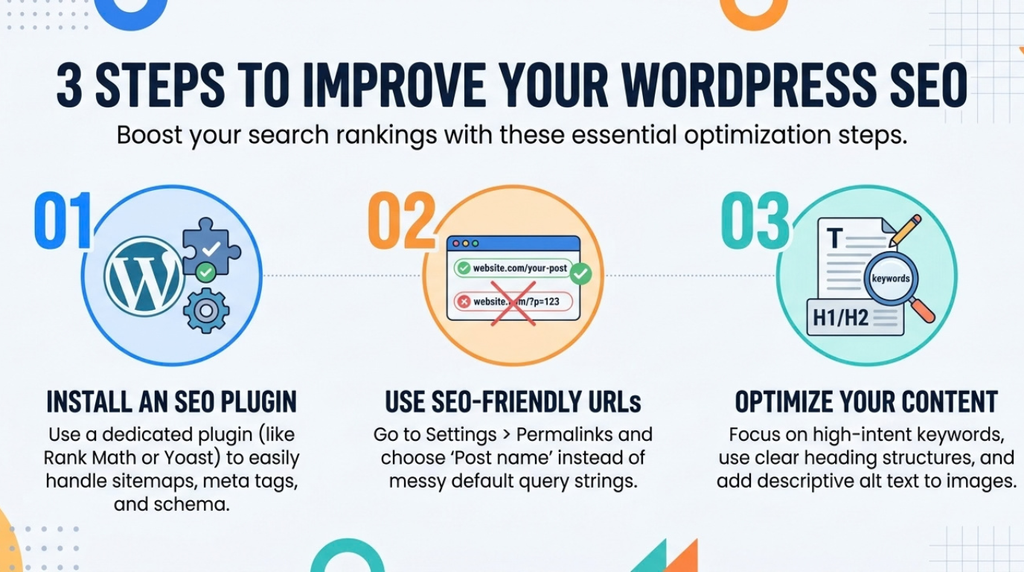 Infographic: 3 steps to improve WordPress SEO—install an SEO plugin, use SEO-friendly URLs, and optimize content with keywords.