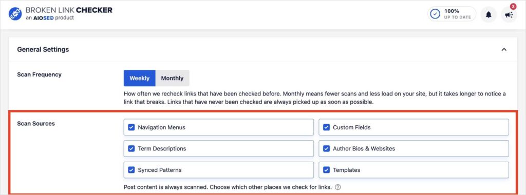 La pagina delle impostazioni mostra Impostazioni generali con un'opzione di scansione settimanale e un'area evidenziata che elenca sei origini di scansione selezionate: Menu di navigazione, Campi personalizzati, Descrizioni dei termini, Biografie e siti Web degli autori, Pattern sincronizzati, Modelli.