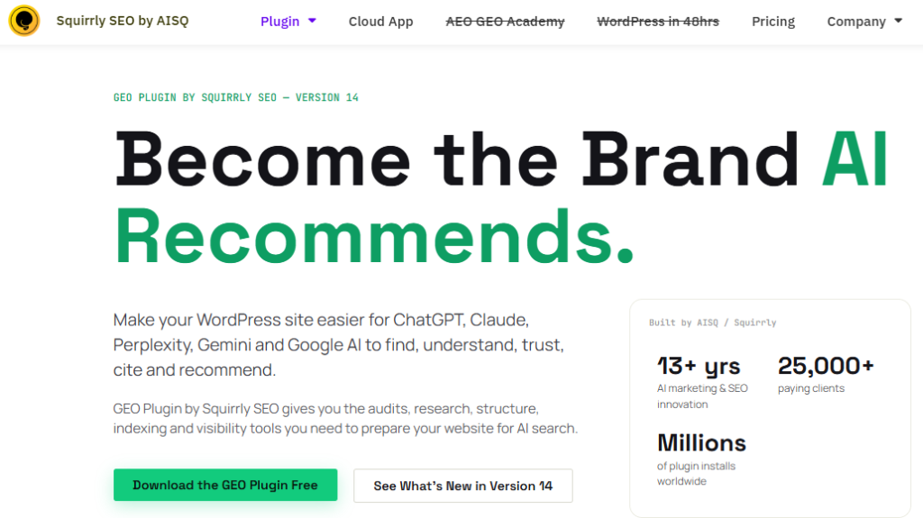 A snapshot of Squirrly SEO by AISQ homapage