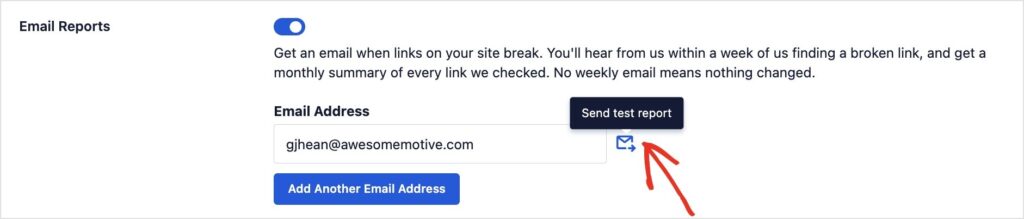 Paramètres des rapports par e-mail : activation, champ e-mail avec gjhean@awesomemotive.com, petit bouton/icône Envoyer un rapport de test, et un bouton Ajouter une autre adresse e-mail.