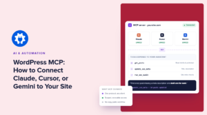 Hero banner with pink background: left column shows a blue gear logo and headline about connecting Claude, Cursor, or Gemini to your site; right side displays a red UI card mockup.