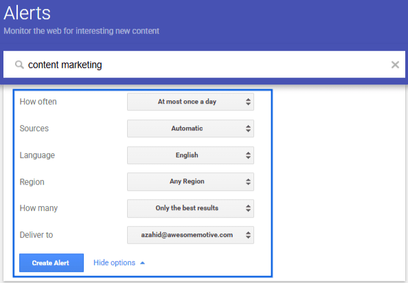 Um instantâneo mostrando as opções do Google Alerts