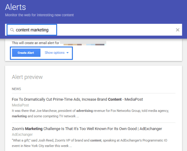 Alertas do Google para SEO - Um instantâneo mostrando a página inicial do Google Alerts com a barra de pesquisa para criar um novo alerta