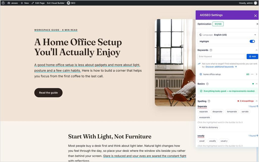Seção principal promovendo um artigo sobre configuração de home office com título serifado grande e fundo bege, e um painel de ferramentas do lado direito sobrepondo a página.