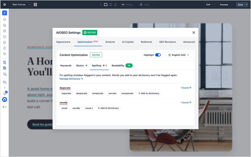 Aba de otimização de SEO no Divi 4.
