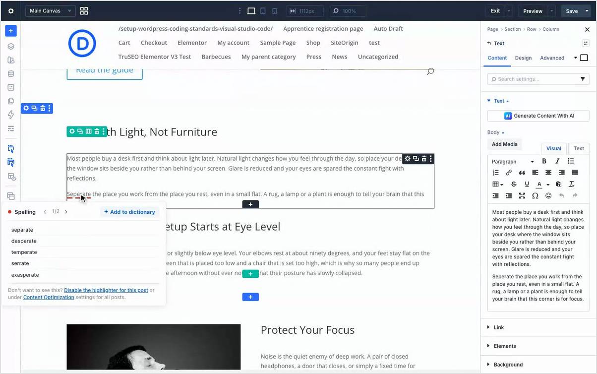 Uma sugestão ortográfica em um módulo de texto do Divi 5.