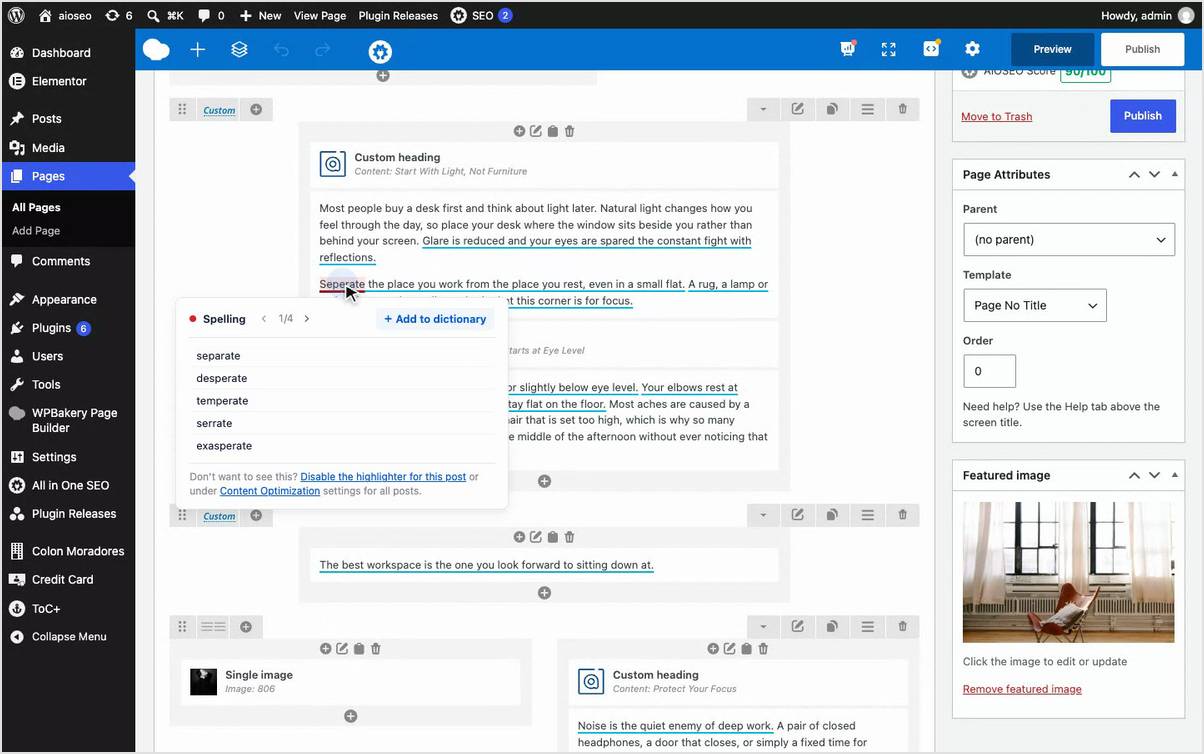 Um destaque ortográfico dentro de um elemento do editor de backend do WPBakery.
